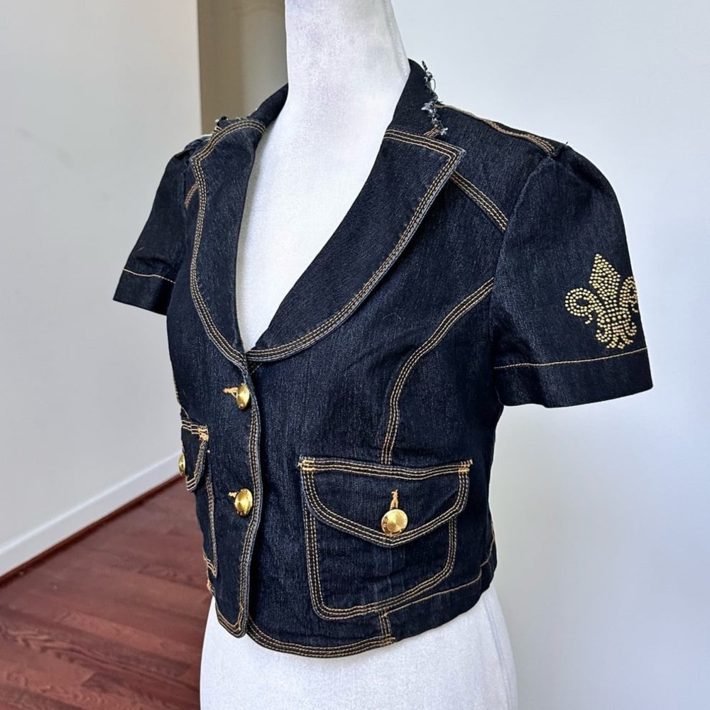 BISOU BISOU Dark Denim Gold Hardware Button Up Cropped Sexy Top Jacket Small - Picture 3 of 12